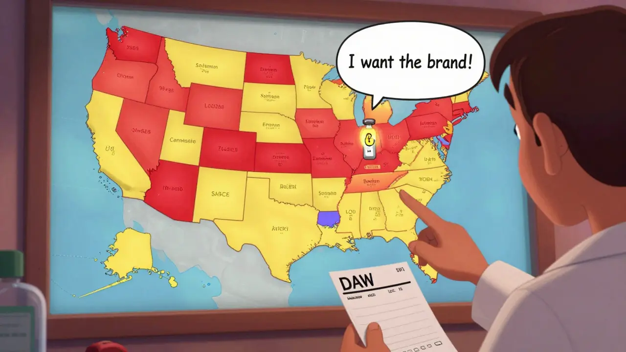 Pharmacist points to a colorful U.S. map showing state-by-state drug substitution rules.