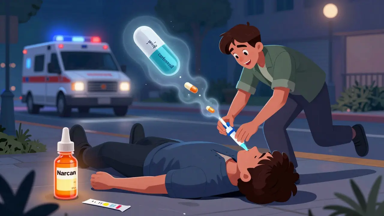 Someone administering naloxone to a collapsed person, with emergency lights and ghostly pills fading into smoke.