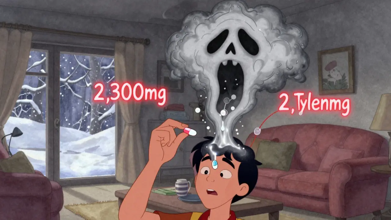 Someone taking two cold pills as a toxic cloud forms above them, with rising dosage numbers in a cozy winter room.