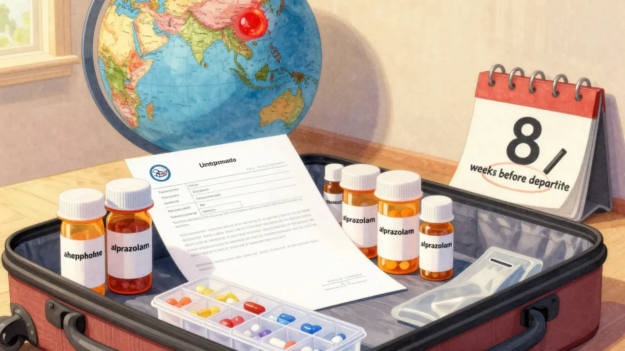 Traveler packing medications with original bottles and translated letter in cozy bedroom under golden light.