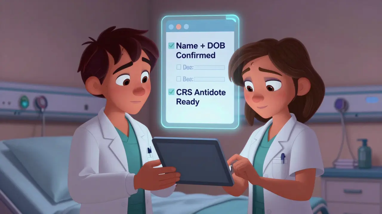 Two clinicians verifying patient identity at bedside with floating safety checklist glowing above them.