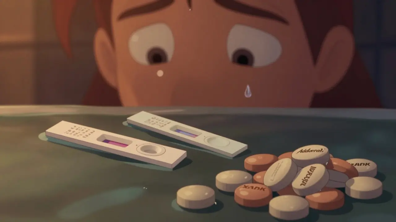 Two fentanyl test strips in water beside fake pills, one showing a faint line, under dramatic lighting.