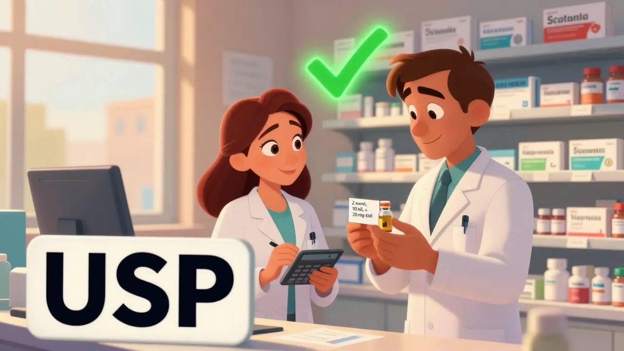 Two pharmacists verify medication calculations using a calculator and labeled vial in a friendly, animated pharmacy.