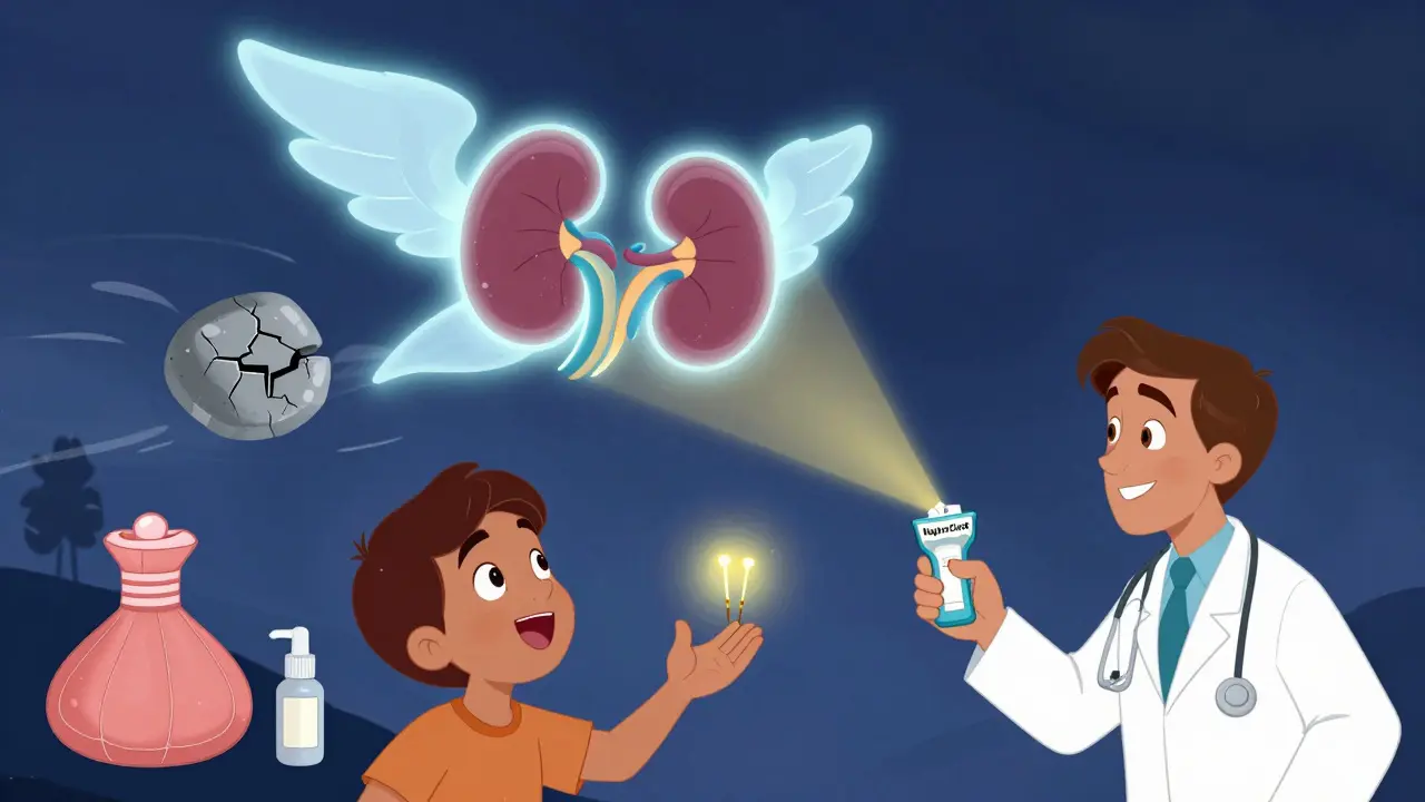 A flying healthy kidney leaving behind a damaged one, with a doctor using a diagnostic device, in Disney style.