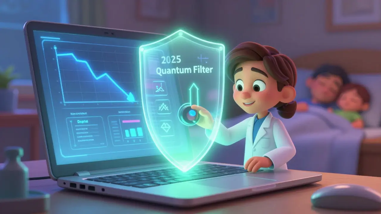 A futuristic screen filtering blue light with a scientist adjusting a 2025 filter, while a family sleeps peacefully.