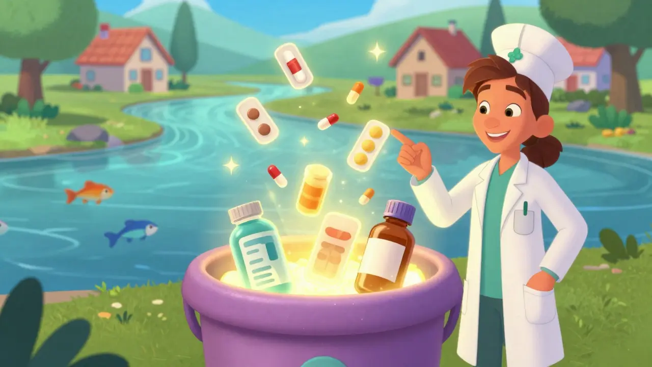 A glowing take-back bin accepting medications as labels disappear into sparkles.