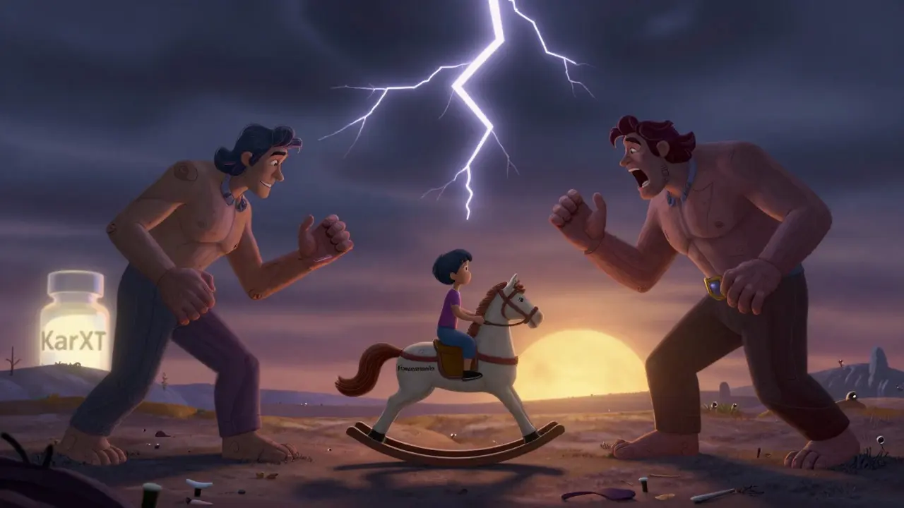 A patient riding a horse labeled 'Pimavanserin' across a stormy sky, separating two giant forces of Parkinson’s and psychosis, with KarXT shining in the distance.