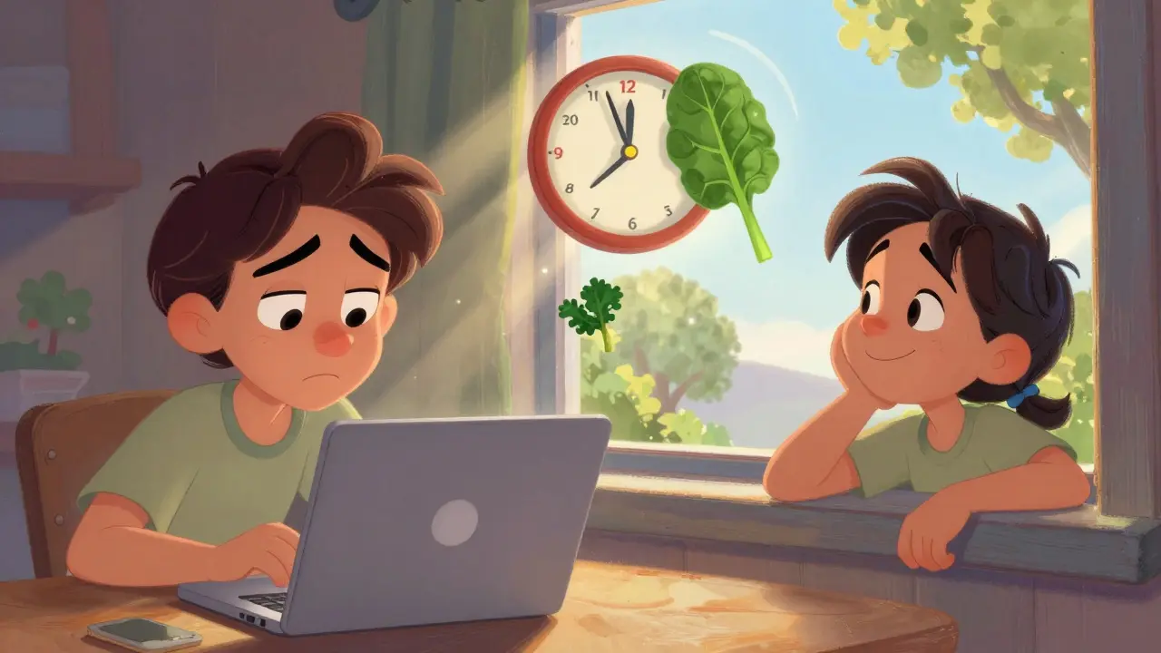 A person taking a screen break by looking at a tree, with floating 20-20-20 timer and healthy greens nearby.