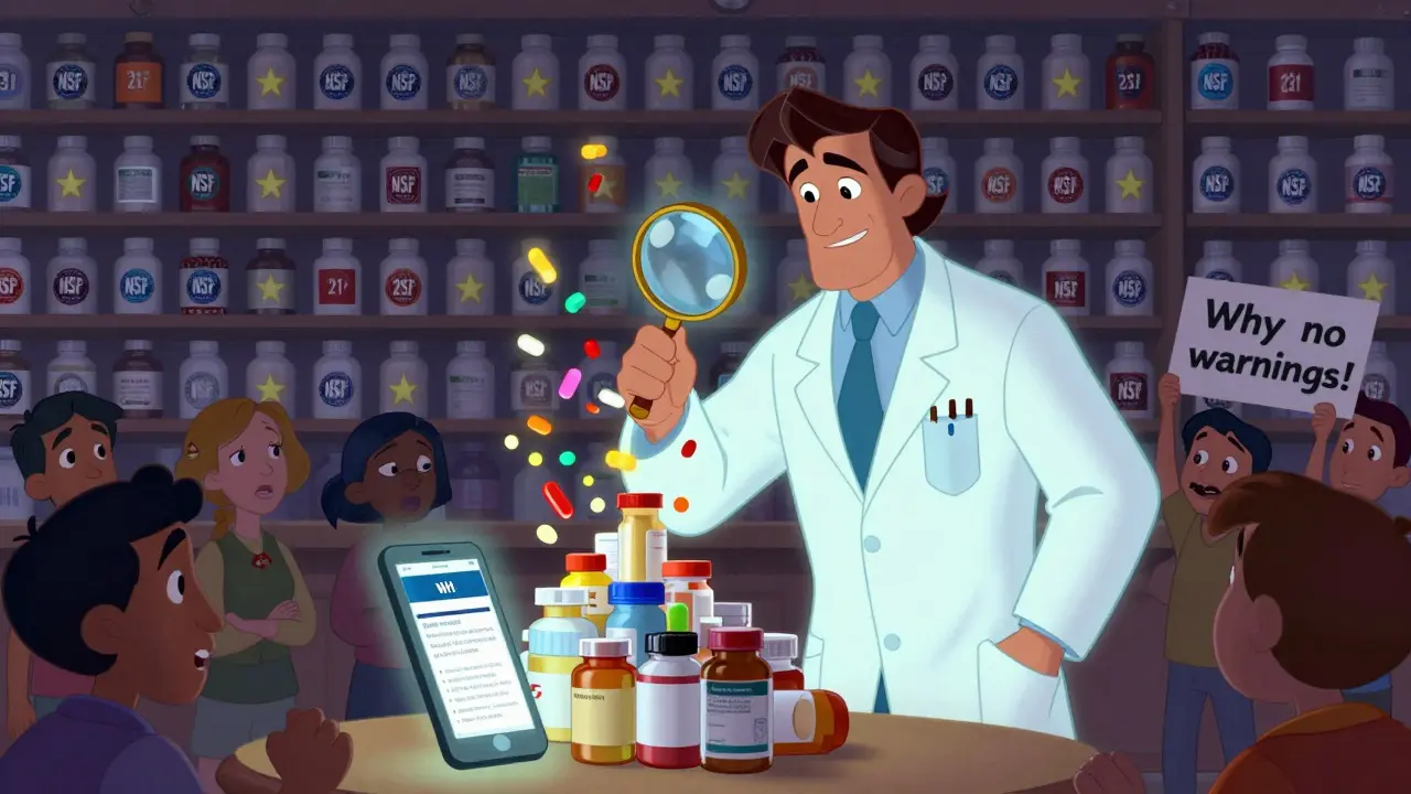 A pharmacist revealing hidden drugs in supplements, with only a few certified products glowing among thousands.