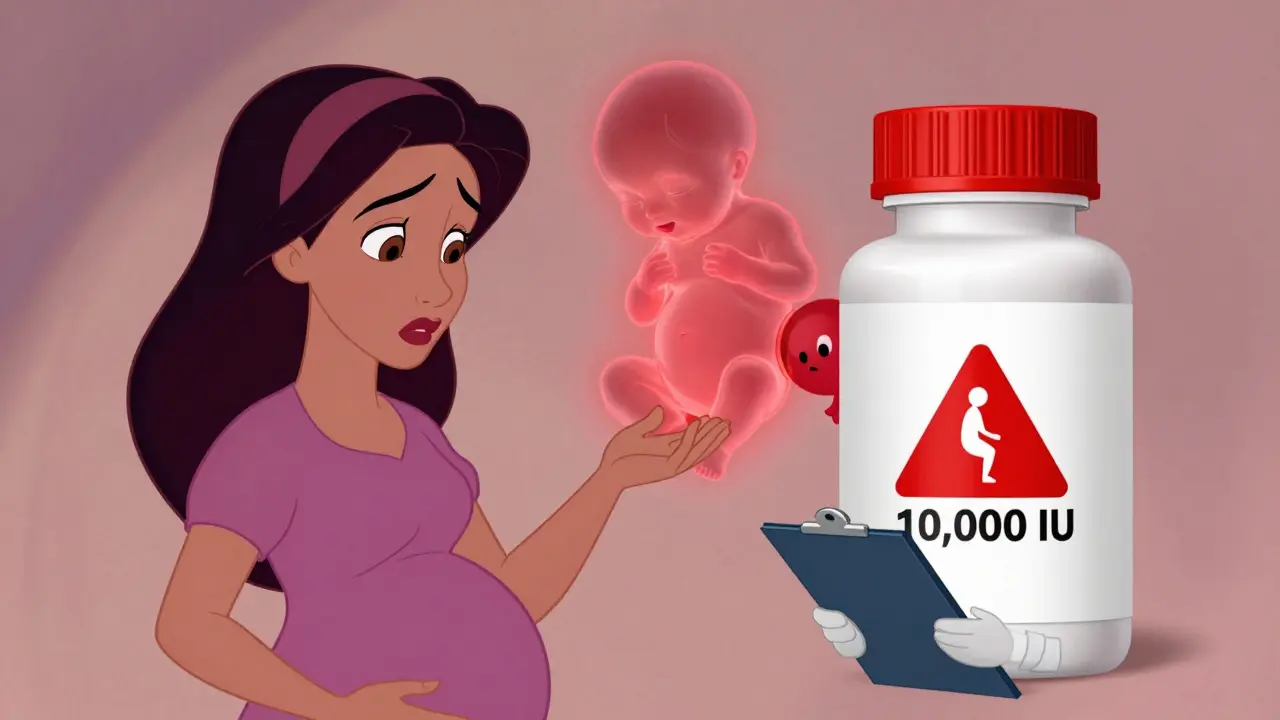 A pregnant woman examining a vitamin bottle with no pregnancy warning, beside an acne cream with a bold warning.
