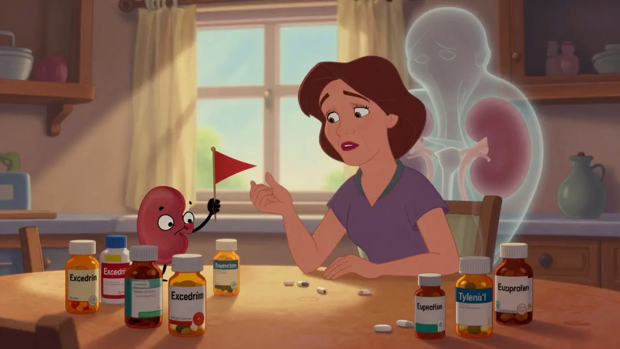 A woman surrounded by pill bottles as her kidneys fade away, illustrated in Disney cartoon style.