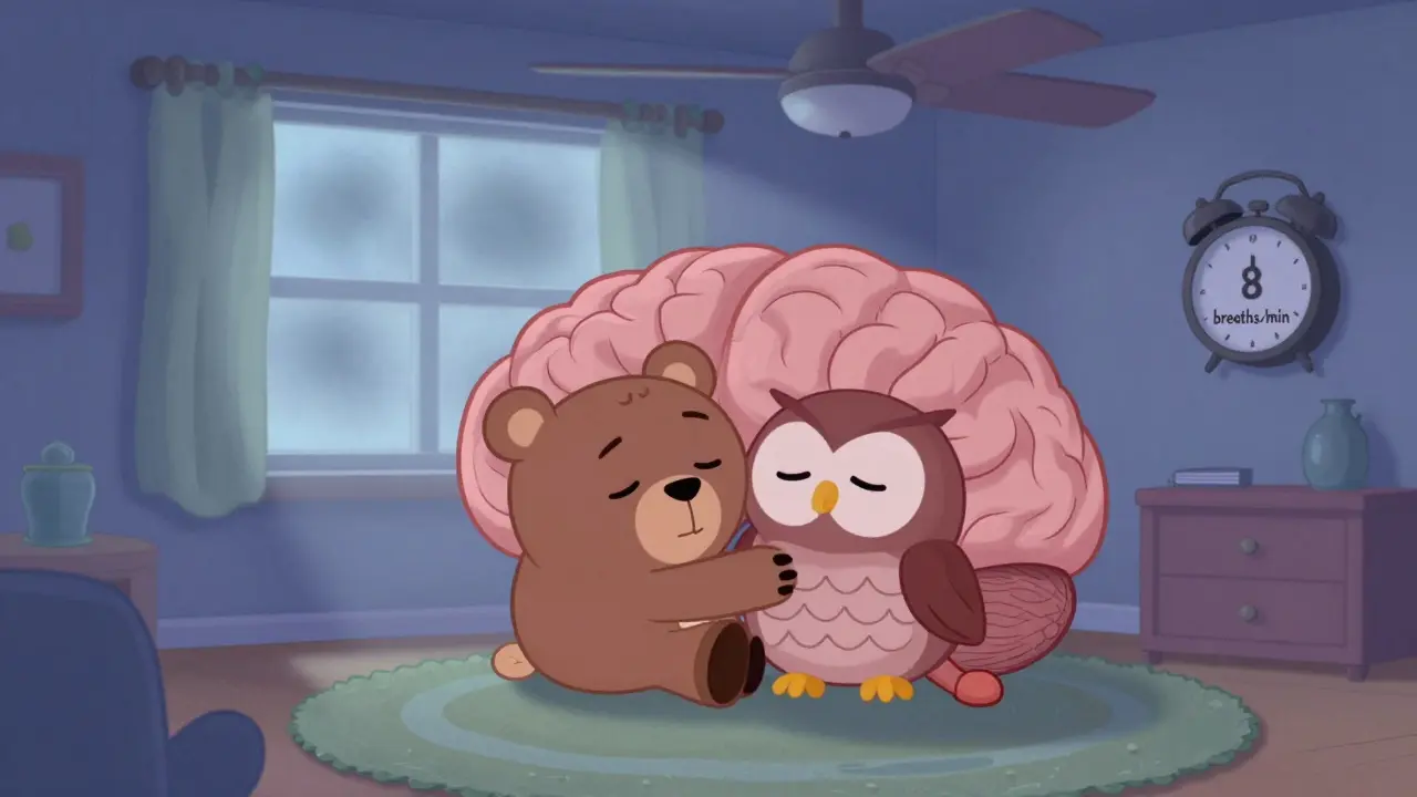 Cartoon brain living room with a bear and owl hugging, dimming lights and slow fan showing dangerously reduced breathing.