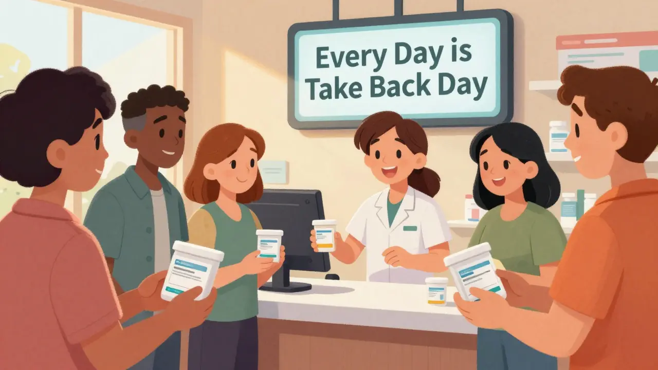 Community members handing in sealed medication containers at a pharmacy counter.