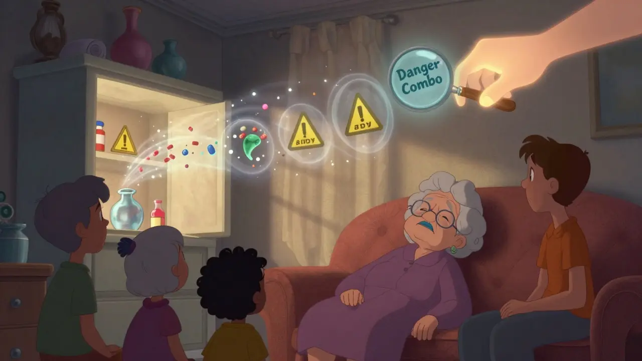 Elderly woman slumped on couch as pills from cabinet swirl into a danger vortex, family nearby with warning signs visible.