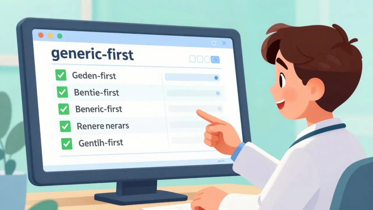 Healthcare provider using EHR system with green checkmarks for generic prescription defaults.