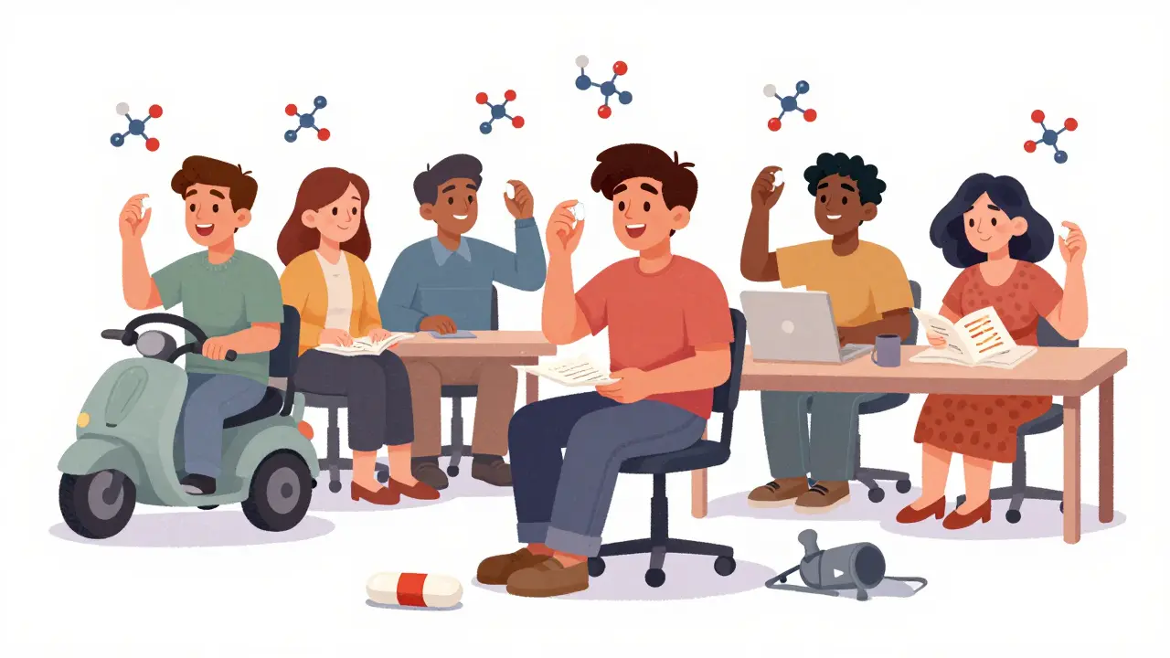 People driving, working, and studying happily while holding second-gen allergy pills, with molecular diagrams above their heads.