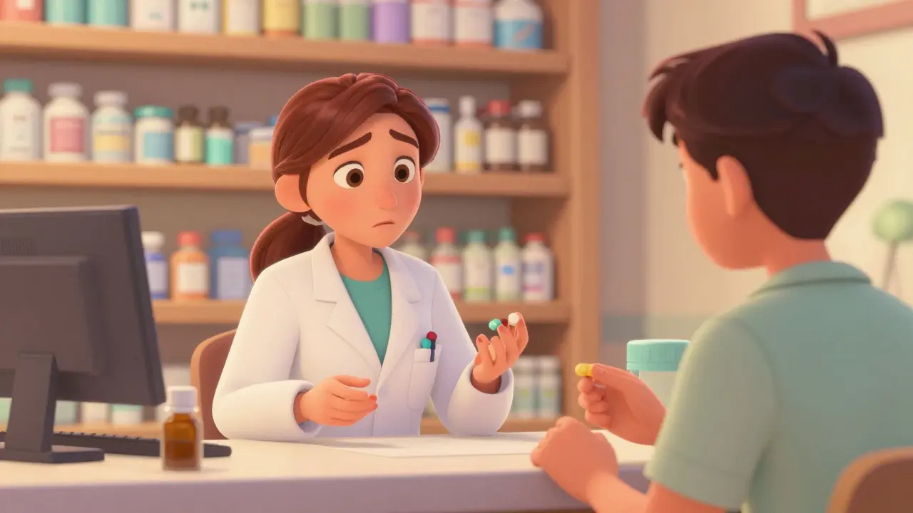 Pharmacist explaining to patient different pill colors don't affect medication effectiveness
