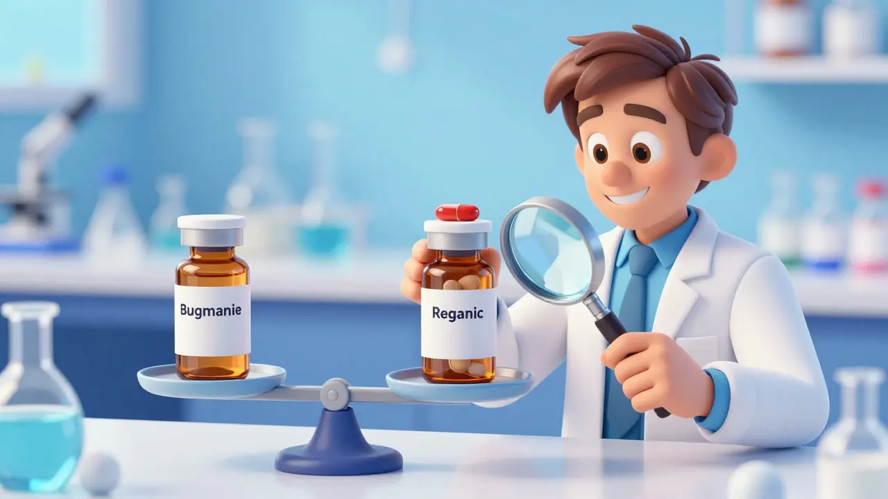 Scientist examining pill vials under magnifying glass with balanced scale showing bioequivalence