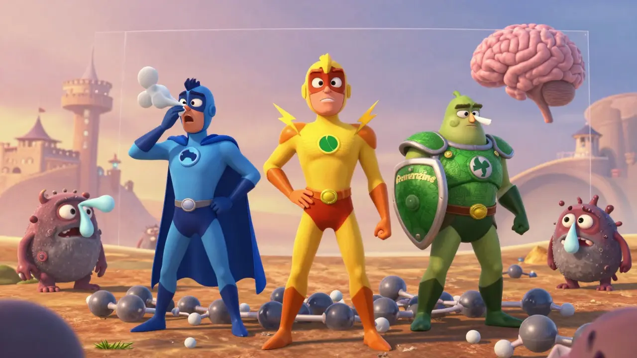 Three cartoon antihistamine superheroes blocking allergy symptoms while a wall keeps drowsiness away from the brain.