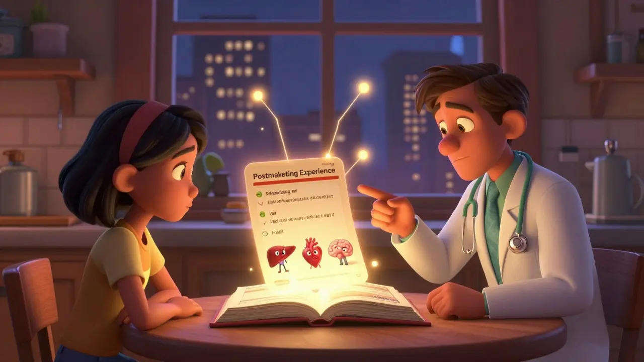 A doctor and patient studying a floating drug label with animated warning symbols of heart, liver, and brain.