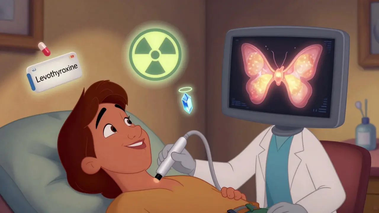 A doctor using ultrasound to show an enlarged thyroid on a screen, with medical icons floating nearby.
