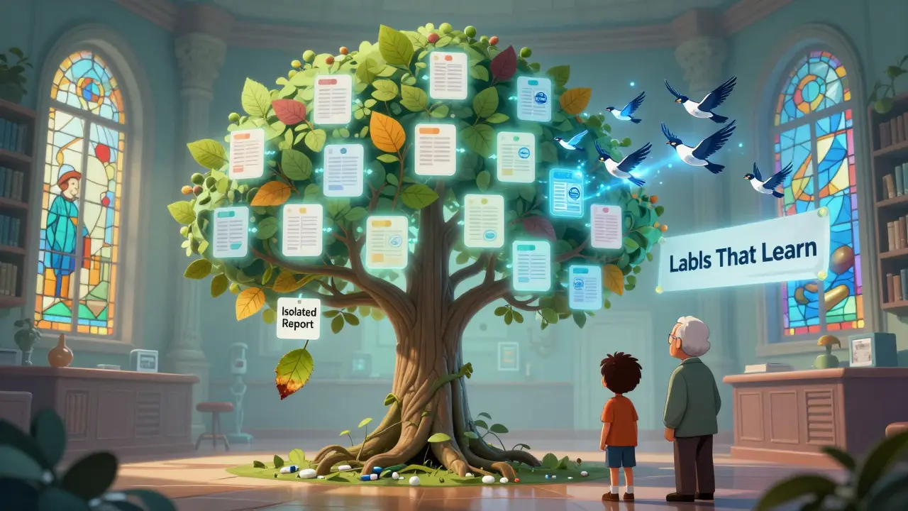A magical living drug label tree with changing leaves and AI birds scanning reports in a glowing medical library.
