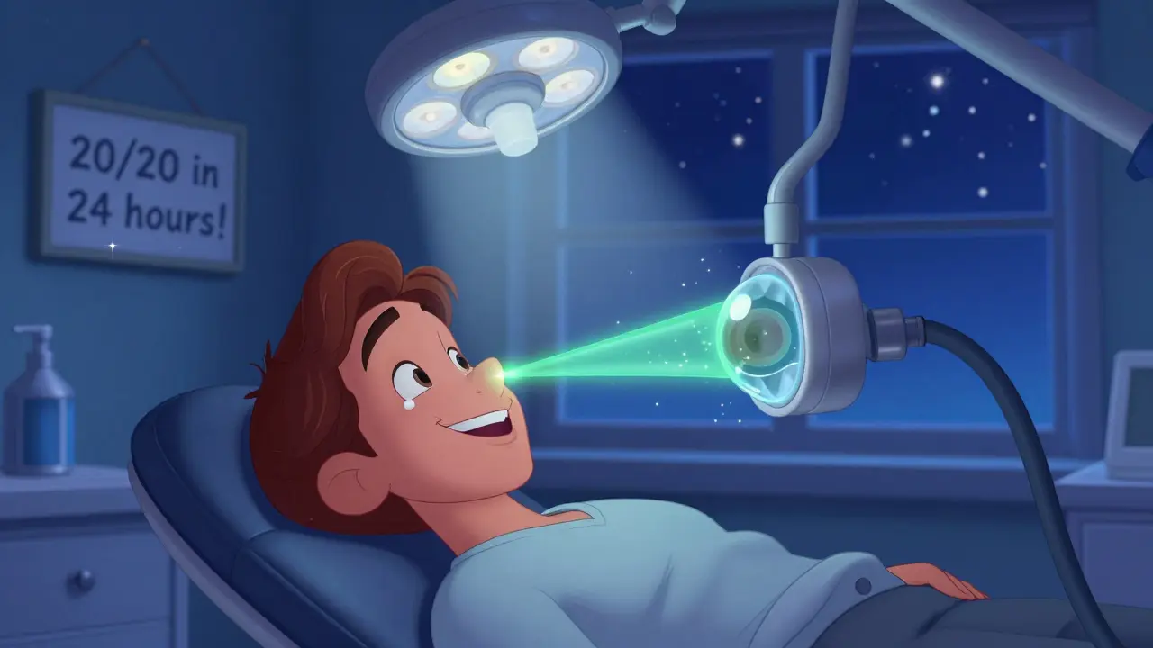 A patient undergoing LASIK with a glowing laser reshaping the cornea, stars suddenly appearing sharp in the background.