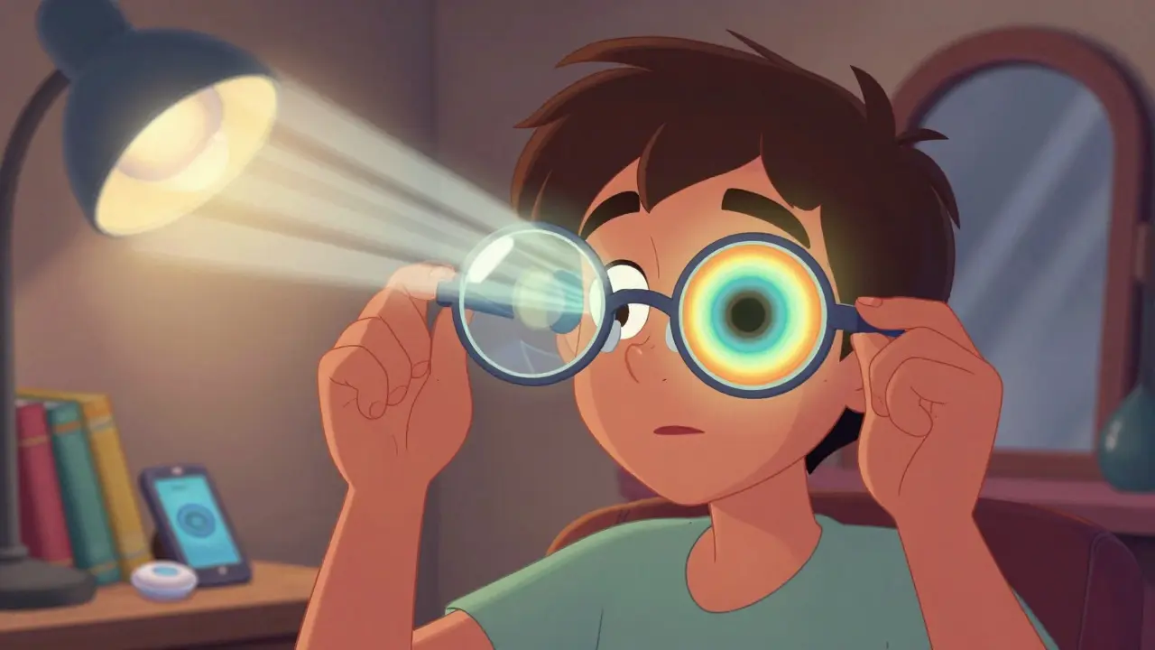 A person holding corrective glasses and a cylindrical astigmatism lens, with light beams showing blurry vs. focused vision.