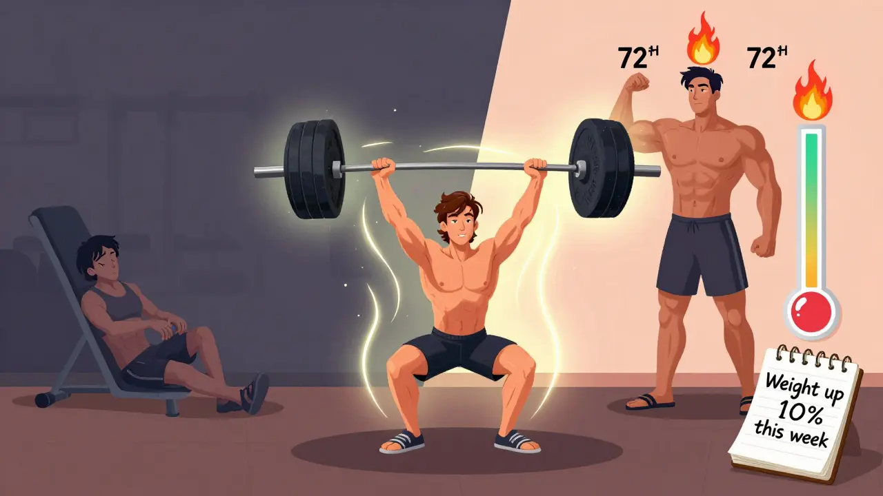A person performing a deadlift with glowing energy trails, contrasting weak cardio results with strong strength results.