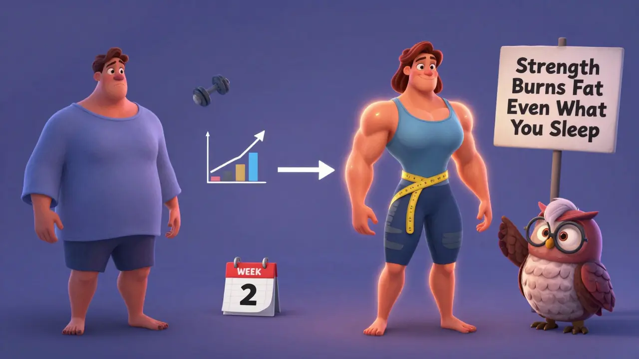 A person transforming from tired to toned over time, with progress icons and a wise owl guiding them.