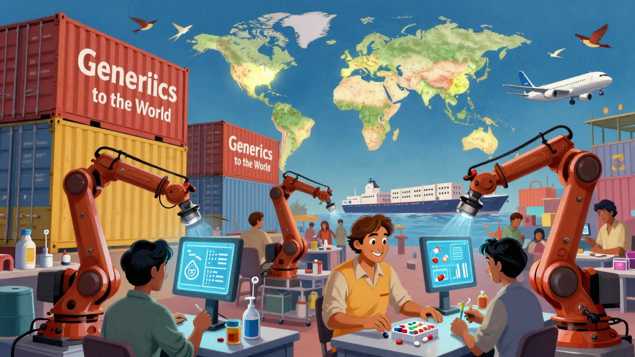 A vibrant generic drug factory in India with robots, AI screens, and shipping containers sending medicines worldwide.
