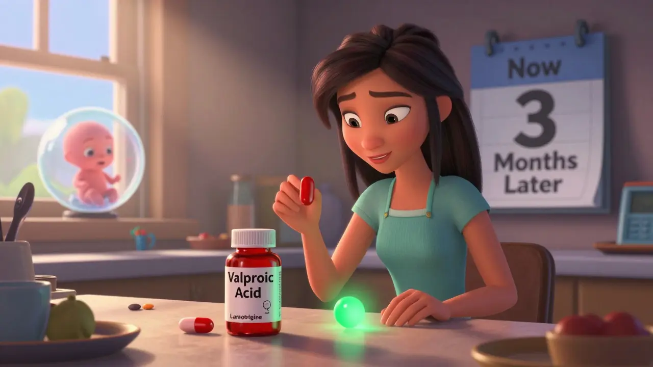 A woman swaps a risky medication for a safer one, with a hopeful embryo watching from the window.