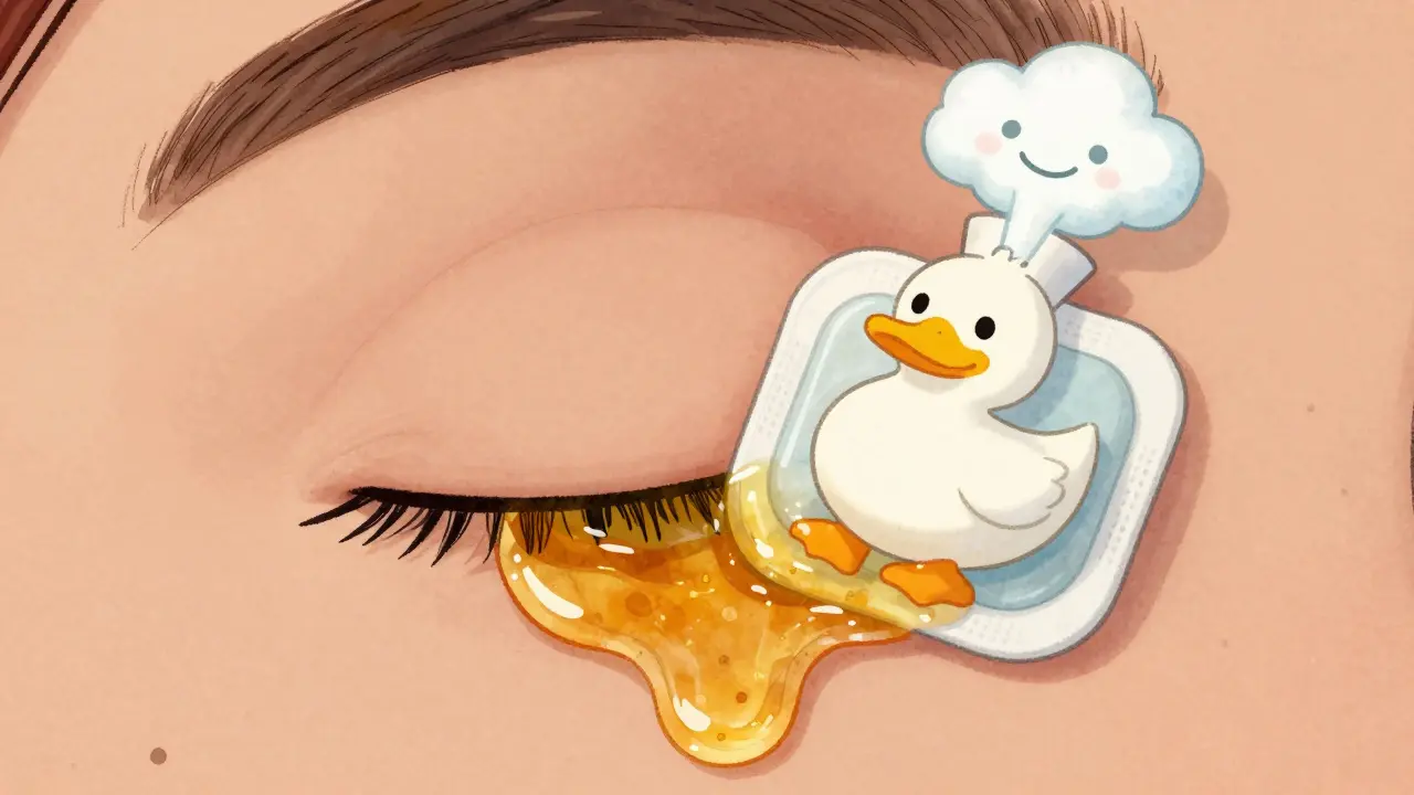 Cartoon-style eyelid with melting oil glands under warm heat, illustrated in a friendly, Disney-inspired style.
