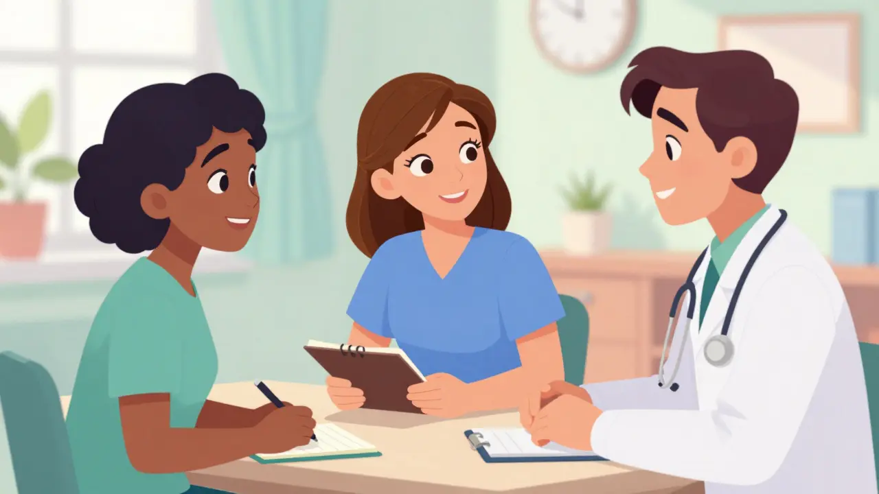 Happy person holding healthy food bowl with a smiling nutritionist in a bright room.