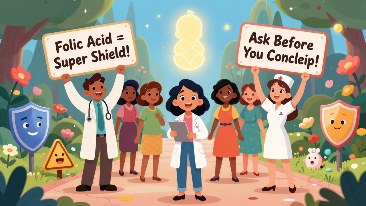 Healthcare providers guide women along a path of safe medications and folic acid, leading to a glowing baby.