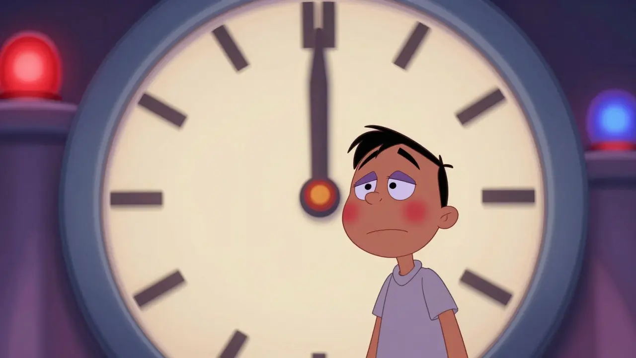 Ill character near giant clock showing medical urgency