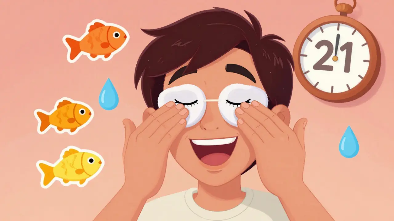 Someone performing eyelid care with compress, massage, and cleaning, surrounded by symbols of healing and time.