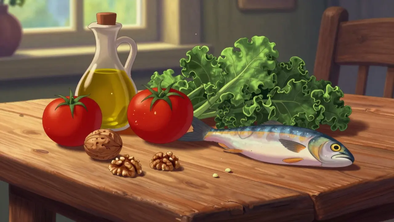 Wooden table display of fresh Mediterranean diet ingredients like olives, fish, and tomatoes.