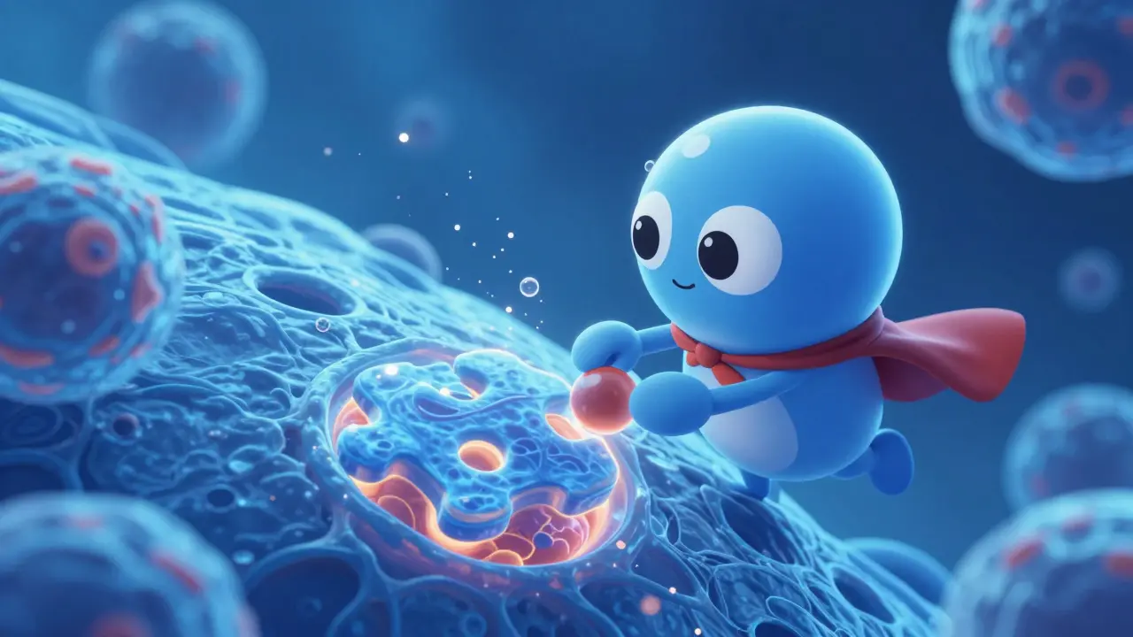 A cute personified medicine molecule fitting into a cell receptor in a bioluminescent environment