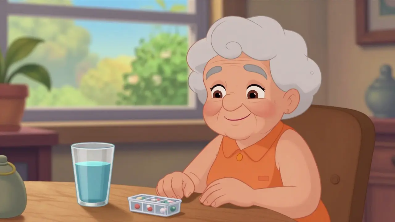 A happy senior citizen in a sunny living room with a glass of water and medication organizer.