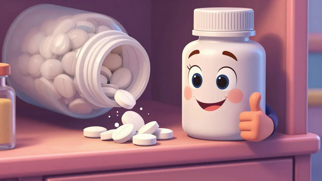 A large bottle of generic medicine representing bulk savings in a cozy home setting.
