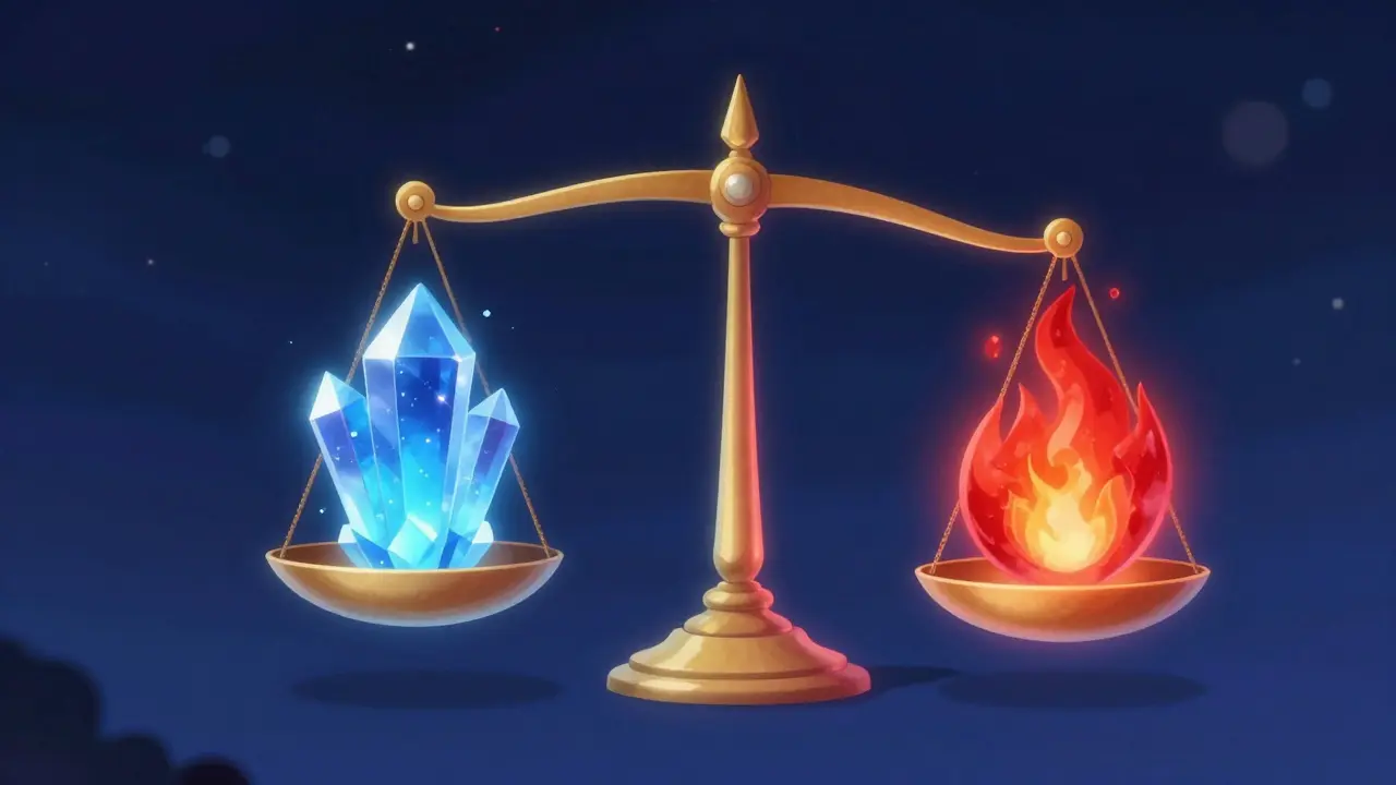 A magical balance scale comparing a blue crystal of effective dosage and a red ember of toxicity.