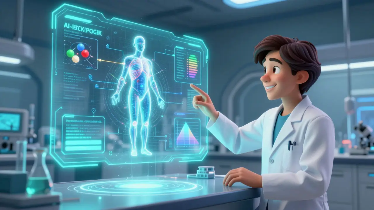 A scientist using a holographic AI model to predict drug absorption in a futuristic lab.