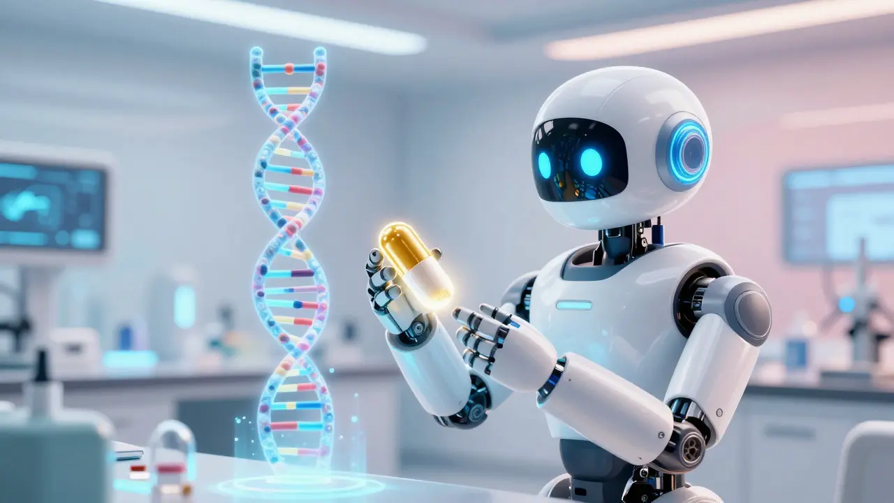 A sleek AI robot designing precision medicine based on a holographic DNA strand