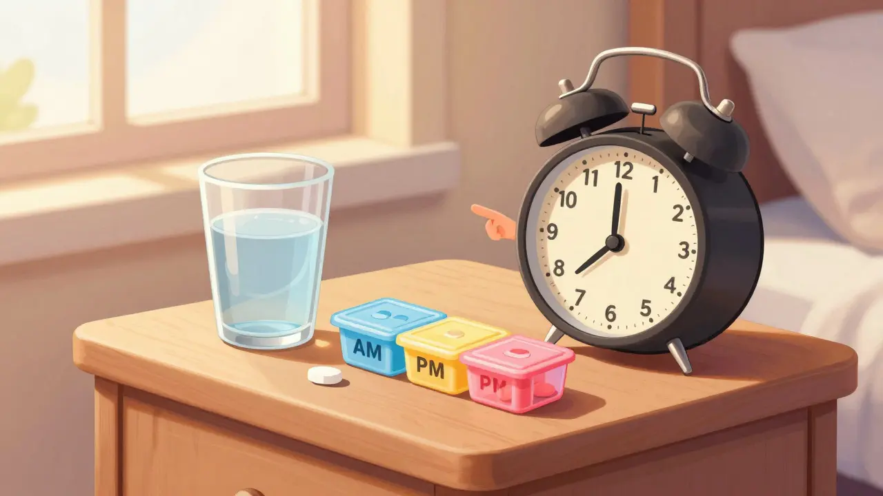A smiling alarm clock and pill organizer on a sunny bedside table for medication timing
