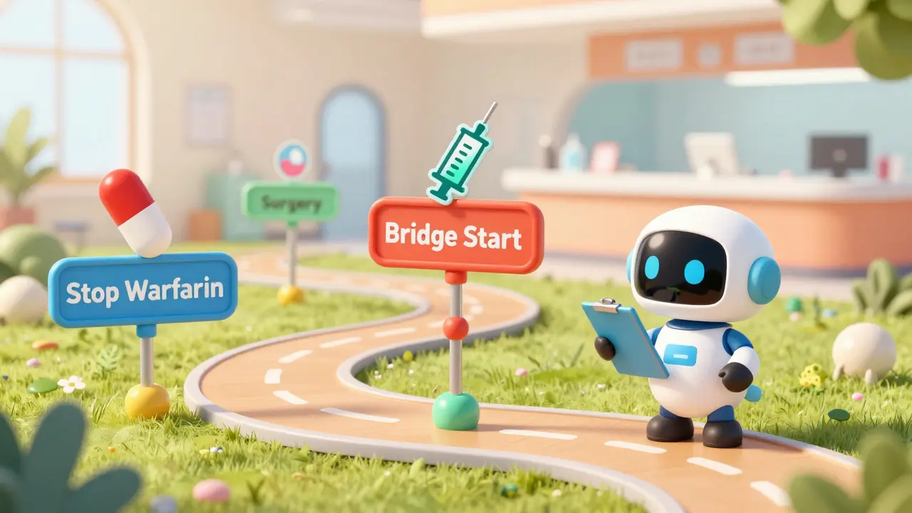 A whimsical medical timeline path with signs for medication changes and surgery.