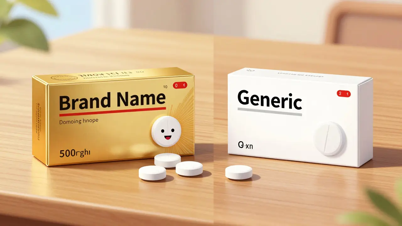 Comparison between a costly brand-name drug box and an affordable generic version
