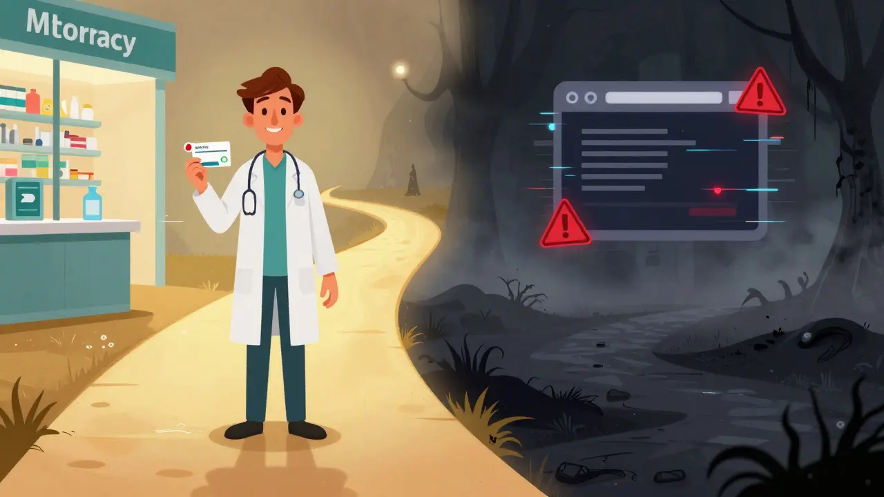 Comparison between a safe certified pharmacy and a dangerous unofficial website.