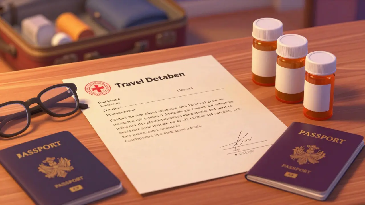Doctor's travel letter and original pharmacy medication bottles on a table