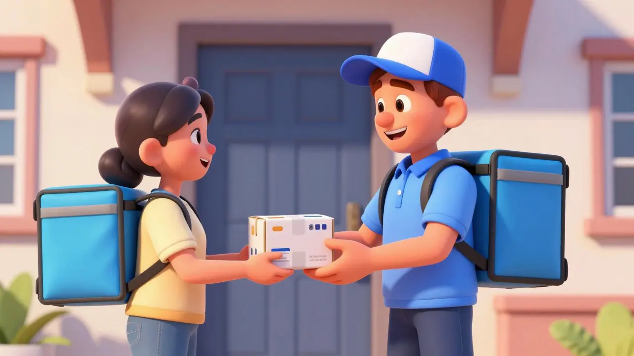 Friendly delivery person handing a medication package to a smiling customer at a door